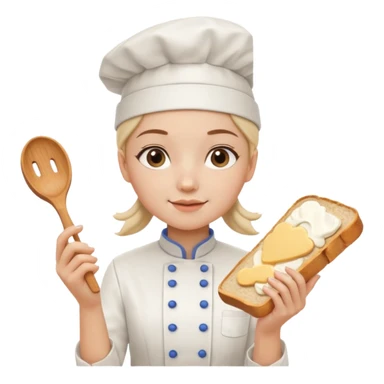 Young female baker - white chef hat, holding cream piping bag to milk oil on bread sticker