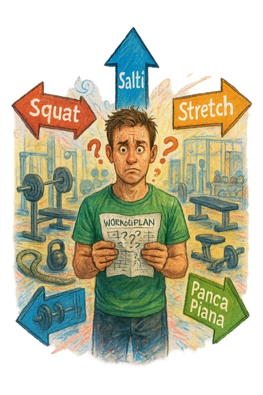 a person stands in the center of a gym, surrounded by arrows pointing in all directions, each labeled with a different exercise (e.g., “squat,” “Salti,” “stretch,” “Panca Piana”). The person looks bewildered, holding a workout plan with scribbles and question marks. The scene is colorful but visually messy, symbolizing confusion. in italiano immagine iperrealistica sticker