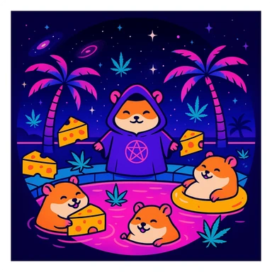 circular Discord server icon, centered composition of a hamster cult weed and cheese pool party at night, vaporwave 80s aesthetic, neon pinks and blues, palm trees, cosmic vibes sticker