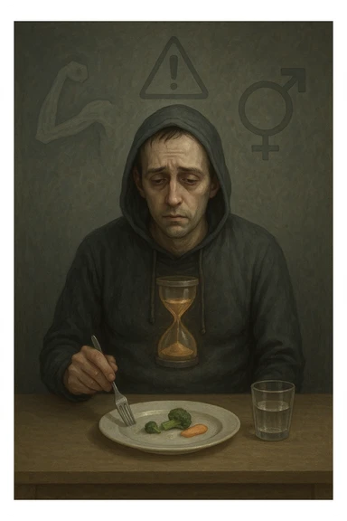 Undereating man in his 30s sitting at a table with a very small meal, looking fatigued and cold, wearing a hoodie indoors. His body appears skinny but soft, lacking muscle tone. Pale complexion, tired eyes, posture slouched. A faint hourglass inside his body glows dimly, symbolizing slowed metabolism. In the background, warning signs or ghostly outlines of potential health risks like muscle loss and hormonal imbalance. Mood: somber, undernourished, risky behavior. sticker