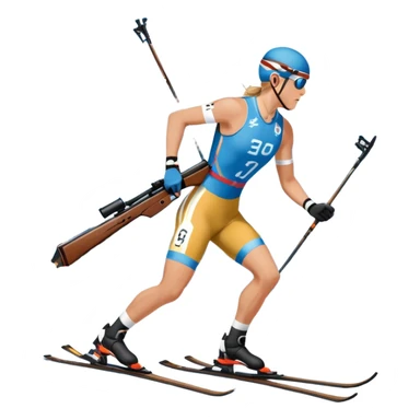 An icon featuring snow-covered trees, distant mountains, and a clear blue sky with a biathlete in motion, holding a rifle and skiing across a snowy course. Transparent background highlights the precision, endurance, and excitement of biathlon. sticker
