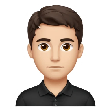 He’s a man with light to medium skin, a defined oval face, full brows, deep-set eyes, and wavy short dark brown tall hair styled with height, sides are trimmed. muscular. expression calm and focused relaxed black polo shirt. polished, articulate, and coach vibe. sticker