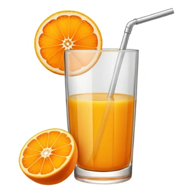 A glas of orange juice. Without a straw. With a slice of orange next to it on the bottom sticker