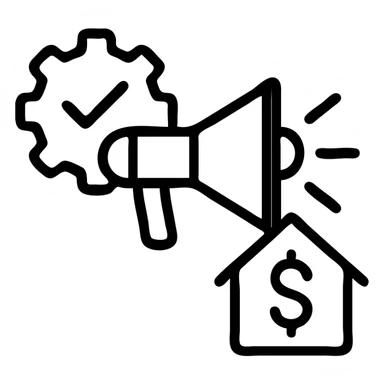 Ícono de real estate que refleje que tenemos un Marketing de lujo con Ejecución impecable, ya que las propiedades de nuestros clientes no solo se publican, sino que se les hace promoción activamente. Nuestro equipo especializado es experto en vender propiedades como lo hacen las marcas de lujo: con estrategia, estética y storytelling. sticker