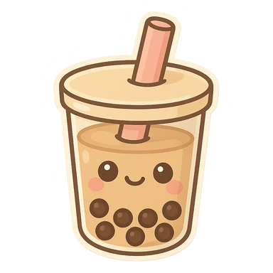 chibi sticker-style bubble tea with a smiling face, cute and exaggerated sticker