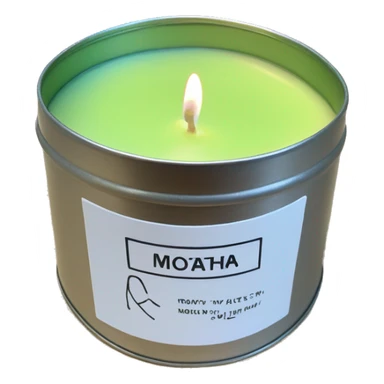 realistic lit matcha scented candle in a silver tin with a small white label that says ‘matcha’ sticker