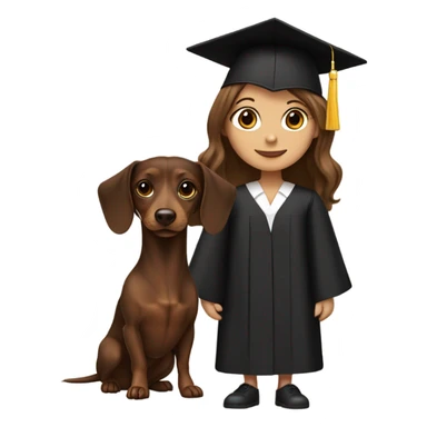 Brown haired white girl in graduation cap holding black and brown long haired dachshund  sticker