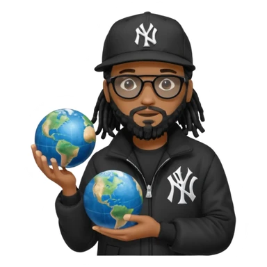 African American man with shoulder length black dreadlocks with black beard wearing black sunglasses wearing a black New York Yankees logo baseball cap wearing a black bubble winter coat holding a Globe in his hands sticker