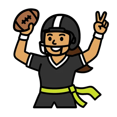 Update to show a woman celebrating a flag football touchdown, wearing a helmet, a black uniform with white accents, and a lemon lime colored flag belt around her waist, holding a football. No country flags. Keep the background transparent. sticker