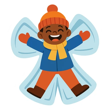 happy child making a snow angel, bundled up in winter clothes, smiling widely sticker