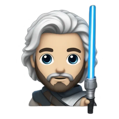 A white Portuguese with black and medium-length hair and a beard that holds a blue lightsaber sticker
