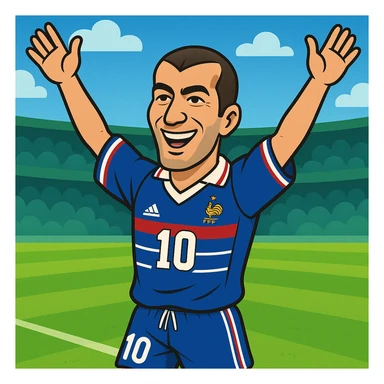 Zinedine Zidane, 1998, cartoon style, blue France kit, number 10, celebrating with arms raised, smiling, football field background sticker