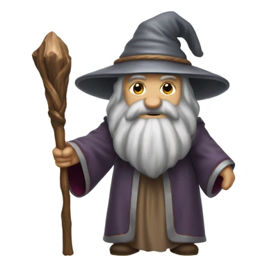 Wizard with long grey beard and silver and greyl robes, holding a wooden staff with a ruby on it sticker