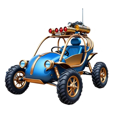  tarnished blue neon underglow C-3PO ghost buster 1964 delicately ornate rosegold wood accents Model-T off road buggy bucket barrel powered by electric motors and batteries with racing safety belts while flying rapidly roughening terrain stable on strong agile advanced suspension and steering sticker