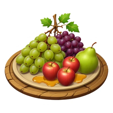 medieval fruit platter object icon, grapes apples pears, rustic plate, small honey drizzle, cozy medieval vibe, 3D cartoon, mobile game icon style, clean background, no text, no watermark
 sticker