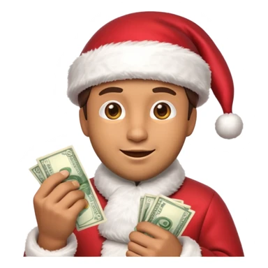 A confident rich emoji face wearing a Santa hat, money stacks, casino vibe, New Year theme, premium 3D emoji style, sharp details, no text, isolated on transparent background sticker