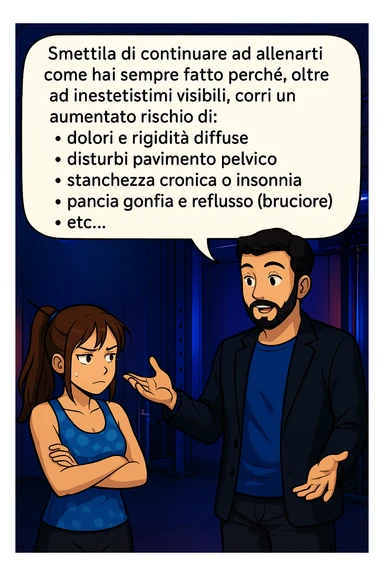 TRASFORMA QUESTO CAROSELLO IN UN FUMETTO STILE MANGA A COLORI CON QUESTE DUE PERSONE IDENTICHE CHE INTERLOQUISCONO TRA LORO, LA DONNA HA UN ESPRESSIONE PENSIEROSA MENTRE LO ASCOLTA:

LUI (UOMO): Smettila di continuare ad allenarti come hai sempre fatto perché, oltre ad inestetismi visibili, corri un aumentato rischio di:
    • dolori e rigidità diffuse
    • disturbi pavimento pelvico
    • stanchezza cronica o insonnia
    • pancia gonfia e reflusso (bruciore)
    • etc…

 sticker