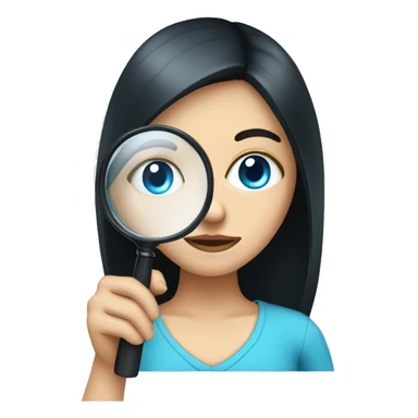 white girl with black hair and blue eyes holding a magnifying glasss sticker