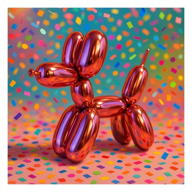 shiny balloon dog, metallic finish, festive, confetti background sticker