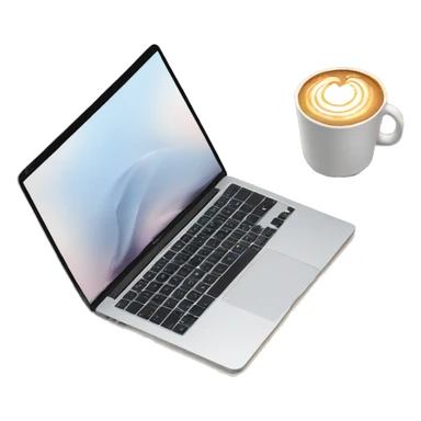 MacBook, latte in a cup, and a notebook sticker