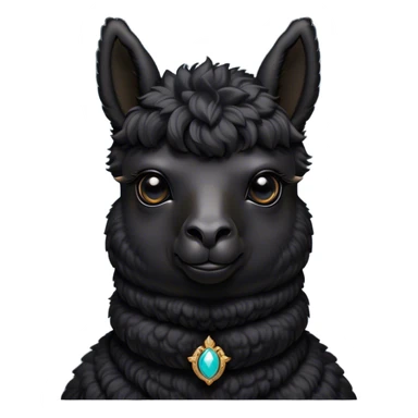 Cinematic Noble Black Alpaca Portrait Emoji, Poised and regal, with a striking, sturdy build and a sleek, well-groomed jet-black fleece, deep-set soulful dark eyes, Simplified yet sharp and sophisticated features, highly detailed, glowing with a soft, dignified glow, high shine, intelligent and mysterious, stylized with an air of elegant austerity, focused and attentive, soft glowing outline, capturing the essence of a watchful and confident companion, so majestic it feels as though it could stride out of the screen with effortless authority! sticker