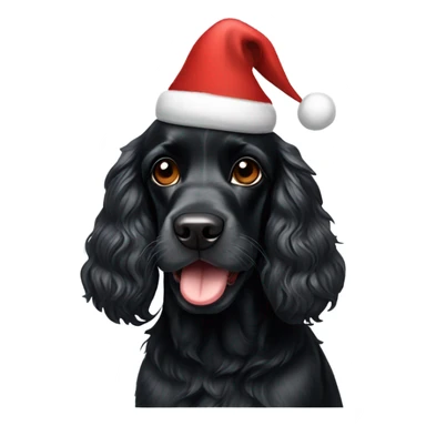 Black cocker spaniel wearing a Christmas hat sticker