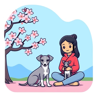 A beautiful 25-year-old Chinese woman with long black hair and a pure dark grey Italian Greyhound with absolutely NO white markings anywhere on its body sitting under a cherry blossom tree. The dog must be completely solid dark grey with no white on muzzle, paws, or chest. sticker