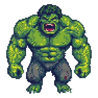 Add a pixel art city background behind Hulk roaring, keep the style consistent with pixel art style. sticker