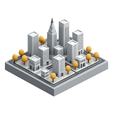 Icono 3D de una ciudad en miniatura. Estilo isométrico, renderizado 3D de alta calidad, texturas suaves y minimalistas (estilo clay render o plástico mate) sticker