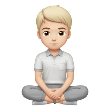 Cartoon boy sitting cross-legged, his fist pressed to his cheek, wearing a white polo and gray pants. He has a smug smirk, eyes looking forward. Clean lines, flat colors, solid black background, vector art, character sheet style. sticker