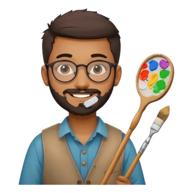generate an ios genmoji of a 20 year old tan indian boy with rounded spectacles and a whaler beard, carrying a paintbrush and palette sticker