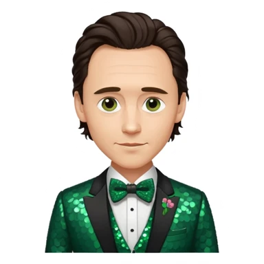 Tom Hiddleston with dark brown hair, dark green sequin suit with bow tie sticker