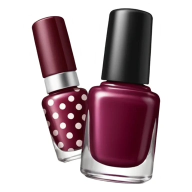 burgundy nail polish bottle, nail polish has light gold iridescence, cap is black with white polka dots, cinematic emoji sticker