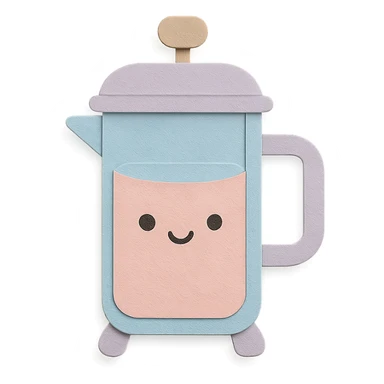 adorable French press with cute face, soft pastel tones, full body, hand-drawn paper craft style sticker