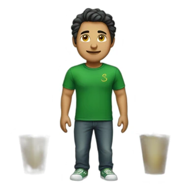 Man with a green dark T-shirt with a golden simorgh symbol sticker