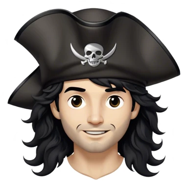 A charismatic pirate with wavy black hair tousled by the breeze. His silver-embroidered tricorn hat casts a shadow. He turns slightly, dark eyes glinting with mischief as he looks to the side, a knowing smile on his lips sticker