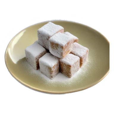 Turkish delight stacked cubes with chopped walnuts and covered with powdered sugar, on a porcelain plate sticker