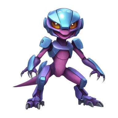 a shiny Genesect-Raptor-Fakémon—hybrid with a futuristic visor-helmet full body sticker