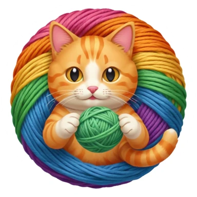 An orange kitty playing with a rainbow ball of yarn sticker