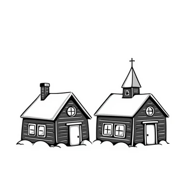 Siberian village, wooden houses, hand drawn doodle style sticker