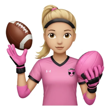 Make a dirty blonde football goalkeeper with goalkeeper gloves on holding a regular football. NOT AN AMERICAN FOOTBALK BALL. The girl is light skinned and wearing a light pink football. Wearing a ponytail with the dirty blonde. Make it without the whole body sticker