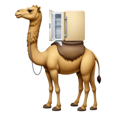 An appliance hybrid with a refrigerator body, a long-necked camel head emerging from the top, and four camel legs with hooves wearing yellow-brown Timberland boots sticker