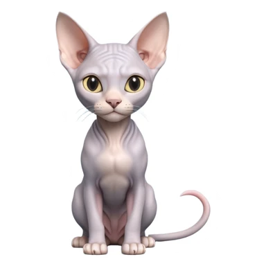 A 3D cartoon silver-gray Sphynx cat with smooth skin, gentle expression, elegant pastel lighting, cinematic Memoji rendering. full body or half body. sticker