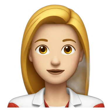 Young white woman, wearing white shirt and red jacket, both hand above her shoulders  sticker