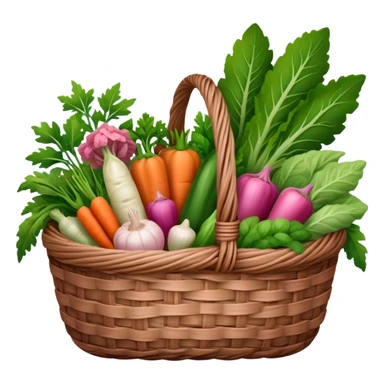 A brown basket of vegetables and plants with some pink aesthetic motives on the basket in an ios 18 emoji  sticker