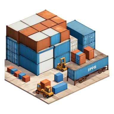 Isometric industrial warehouse with shipping containers outside and loading bay sticker