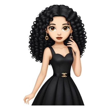 light skin girl with very long black curly hair, brown eyes, wearing a black Chanel dress sticker