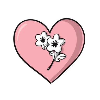 pink heart with sakura flowers, black doodle style sticker