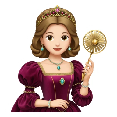 An emoji portrait of a Renaissance Italian princess. She wears a sumptuous velvet gown with a square neckline and puffed sleeves. Her hair is styled with a jeweled ferronnière, and her expression is poised and intelligent. She is holding a small, delicate fan. sticker