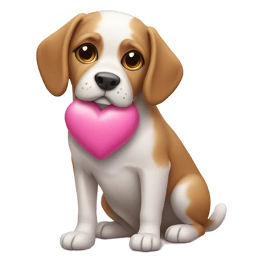 Dog holding a pink heart sticker